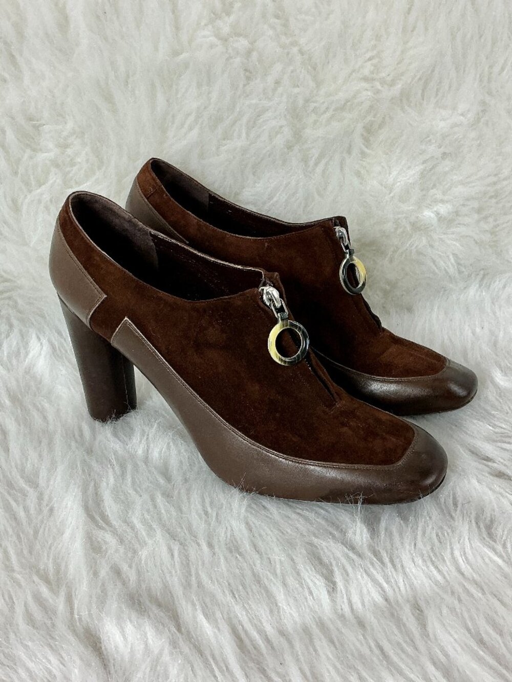 Marc Jacobs Chocolate Brown Square Toe Leather Suede Zip Pumps EU 40 US 10